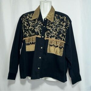 Elegant Black and Gold Embroidered Button‎ Down Shirt